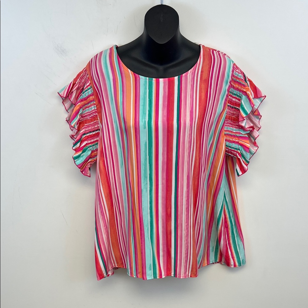 Haptics by Holly Harper Women’s Pink, Orange Blue Vertical Striped top size 2x